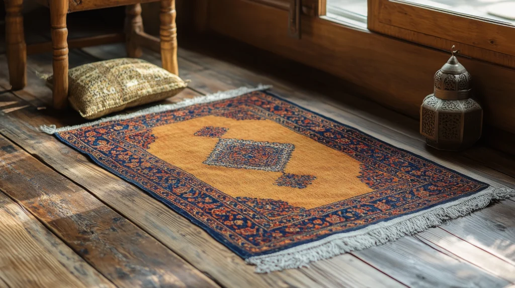 Best prayer rug Pakistan 2026 – velvet janamaz with mosque design on wooden floor