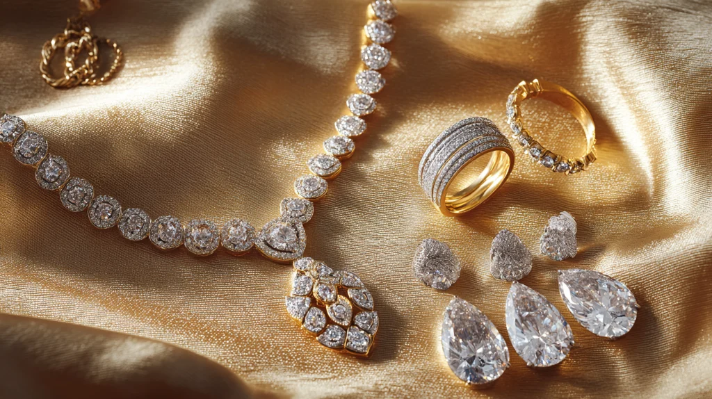 Complete bridal jewelry set in Pakistan featuring gold necklace, maang tikka, jhumka earrings and haath phool for barat 2026