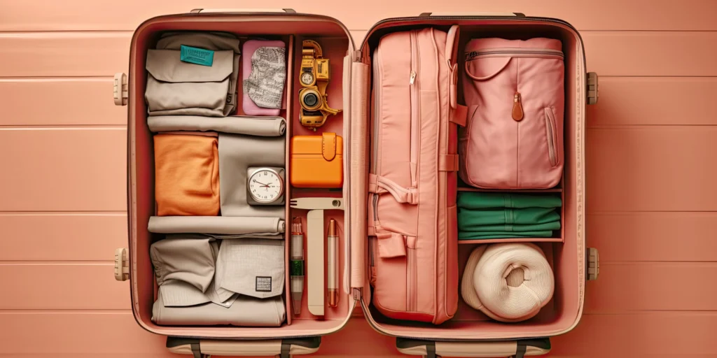 Foldable storage bags Pakistan — complete packing cube set laid out next to open suitcase for long trip organization